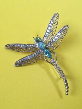 Dragonfly brooch Silver tone Blue rhinestones